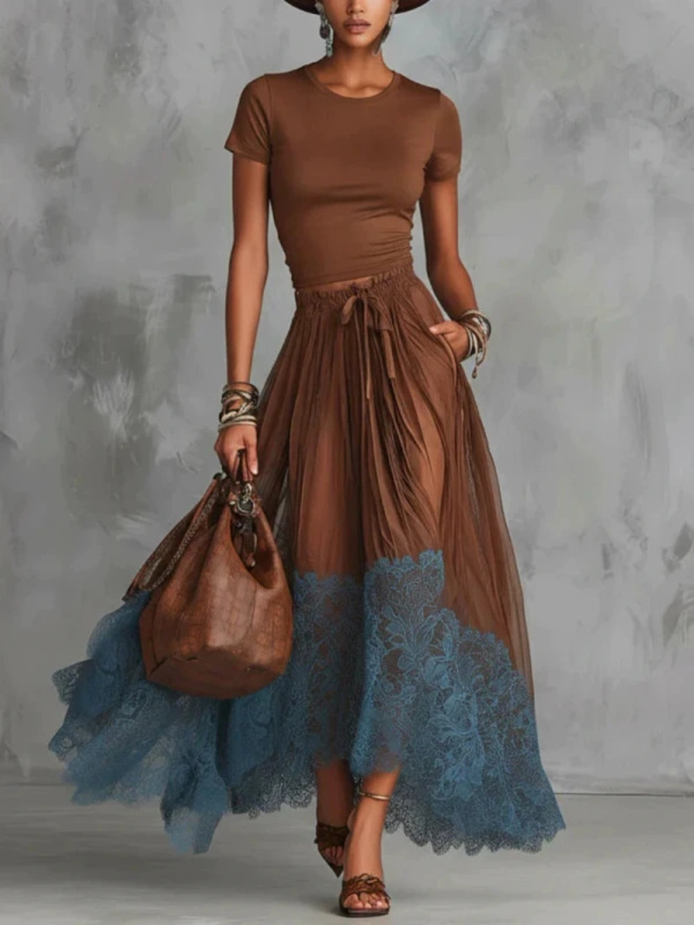 Spring Ruffle Hem Waist Cinching Top and Long Skirt Set